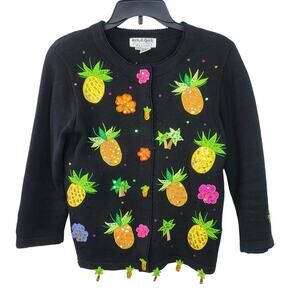 Jack B Quick Black Green Yellow Embellished Pineapple Floral Cardigan Sweater
